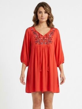 Elegant Red Embroidered Long Sleeve Dress